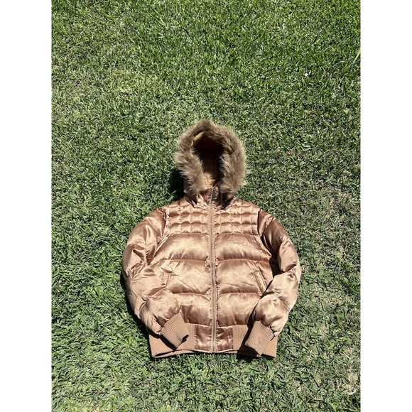 Ecko Red Puffer Jacket Womens XL Y2k Real Racoon Fur Hood Zip Streetwear - Picture 1 of 8